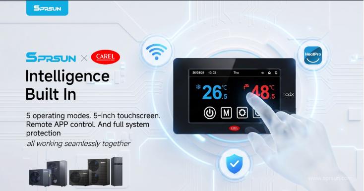 SPRSUN heat pump equipped with CAREL intelligent controller, offering 5 operational modes and remote mobile app control. Тепловой насос SPRSUN оснащен интеллектуальным контроллером CAREL, предлагающим 5 режимов работы и удаленное управление через мобильное приложение.