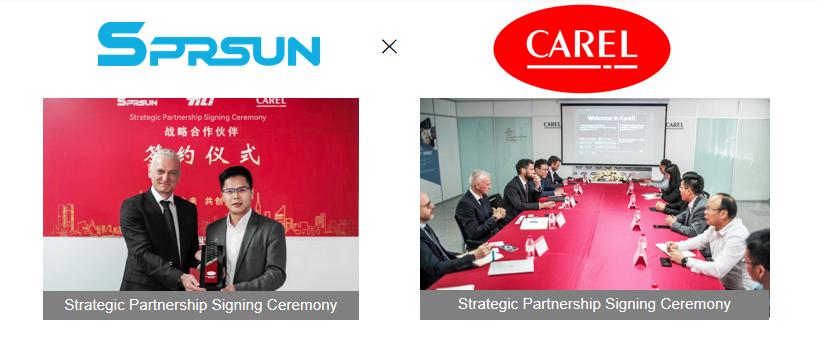 Executives shaking hands at the official strategic partnership signing ceremony between SPRSUN and CAREL for advanced heat pump technology. Руководители пожимают друг другу руки на официальной церемонии подписания стратегического партнерства между SPRSUN и CAREL в области передовой технологии тепловых насосов.