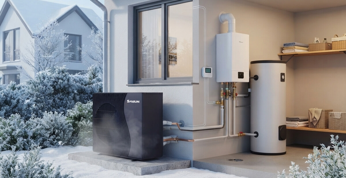 Diagram of heat pump and boiler in parallel hybrid operation, showing piping connections and intelligent backup heating logic Схема теплового насоса и котла в параллельной гибридной работе, показывающая соединения трубопроводов и интеллектуальную логику резервного отопления.