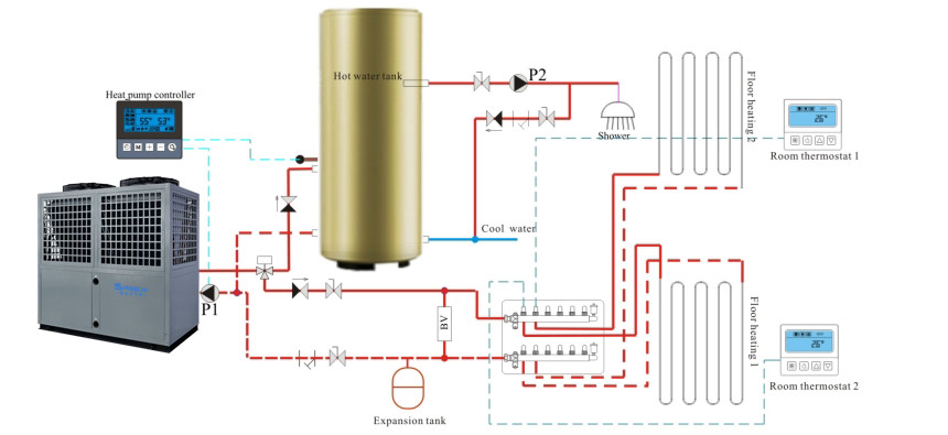 Схема установки водонагревателей с высокотемпературным воздушным тепловым насосом EVI