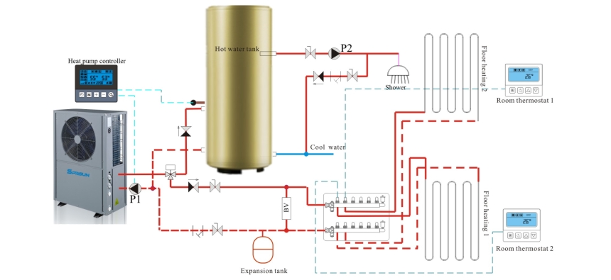 Схема установки водонагревателя с высокотемпературным тепловым насосом EVI